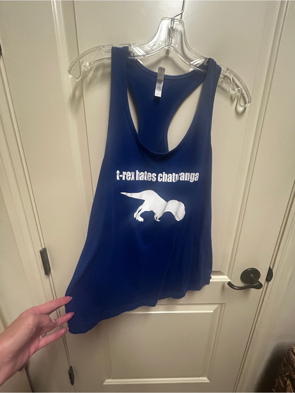 Women's Royal Blue Graphic Racerback Tank Top - T-Rex Hates Chaturanga, Size XL